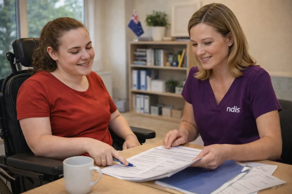 Australian woman with a disability reviewing NDIS plan documents with an NDIS planner in a bright office