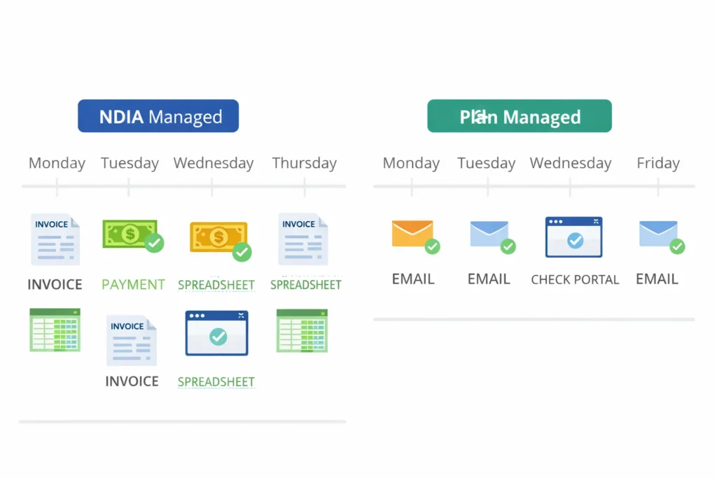 A comparison graphic showing two timelines – one with many admin tasks and one with fewer tasks]