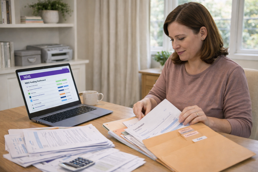Woman organizing NDIS paperwork at home office desk with laptop showing budget screen