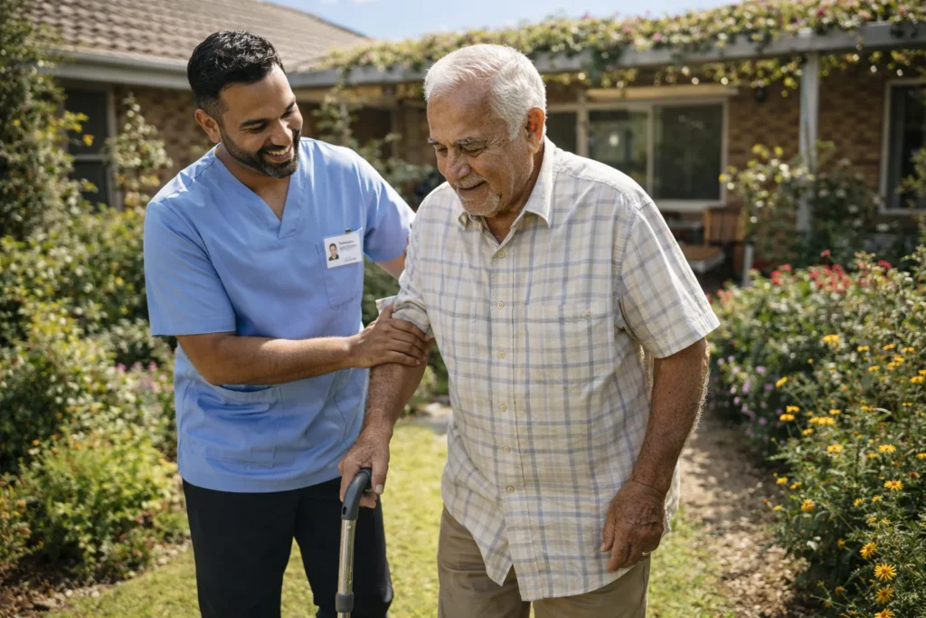 professional support worker assisting an elderly Australian man with a disability to walk in his home garden