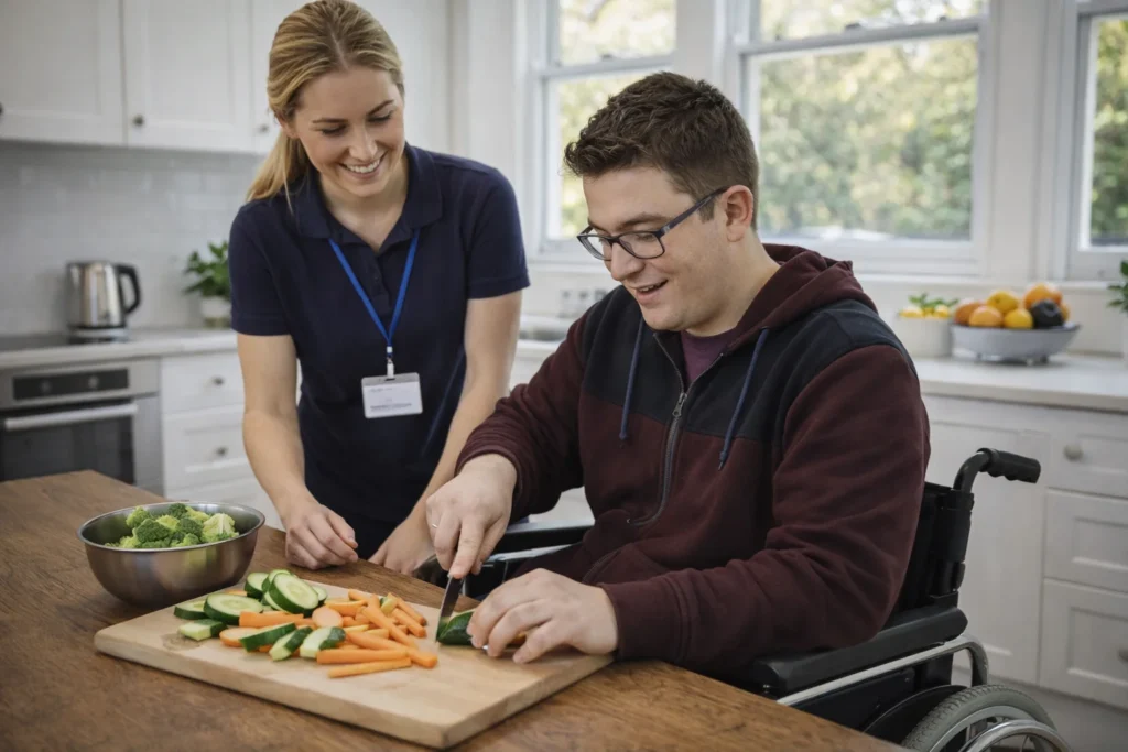 Support worker assisting a man in wheelchair with cooking in a bright kitchen