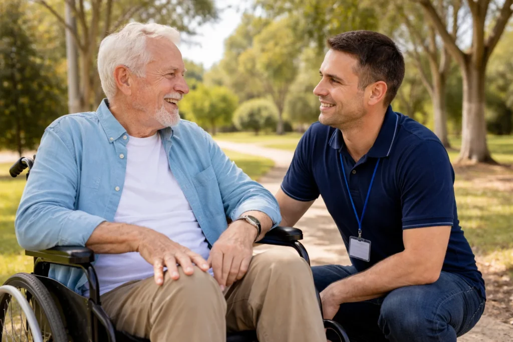 Support worker kneeling to talk with elderly man in wheelchair at Australian park with eucalyptus trees
