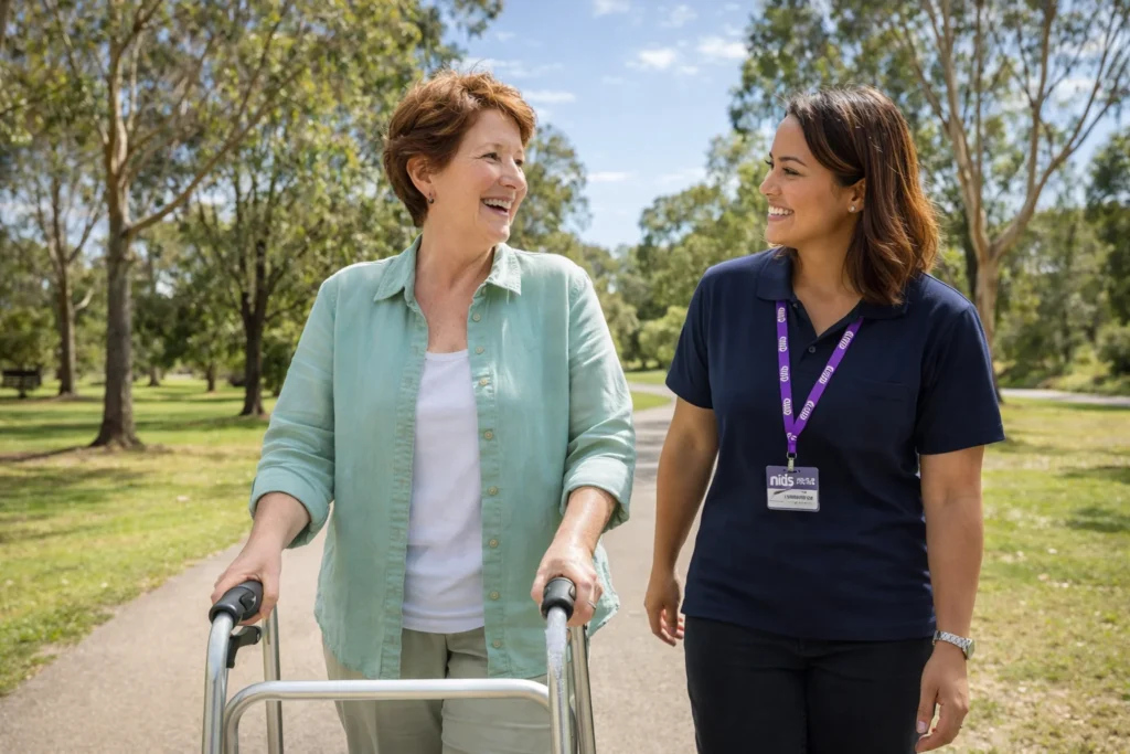 A confident middle-aged woman using a walking frame smiling while talking to a support worker in a lush Australian park. The sun is shining.
