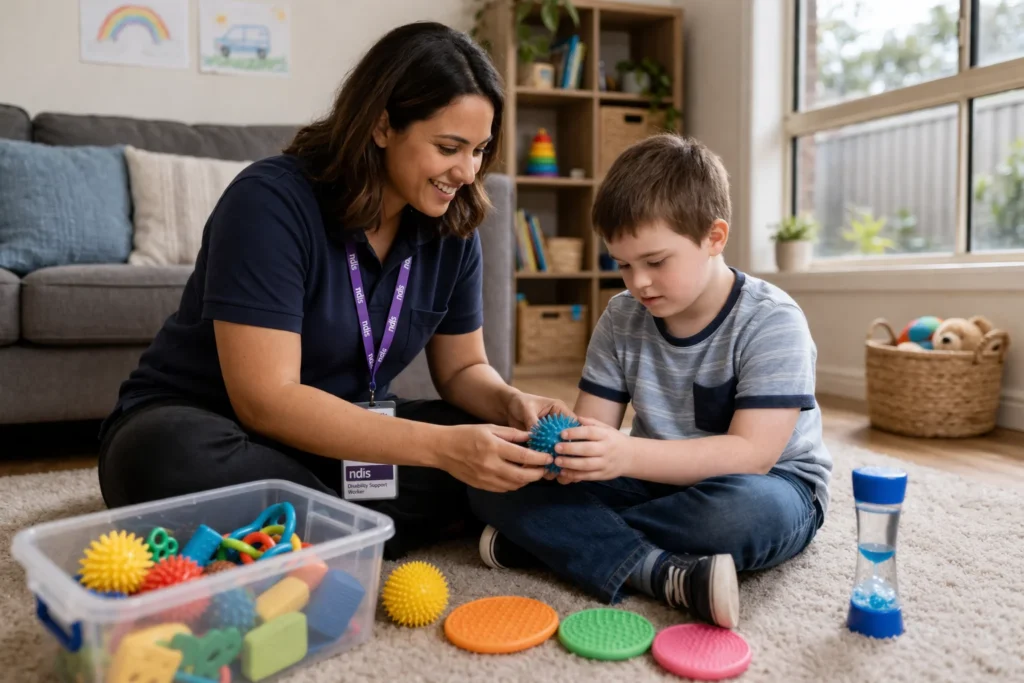  A living room scene with a support worker and a young boy sitting on the floor playing with building blocks. The boy is focused, and the worker is smiling encouragingly.