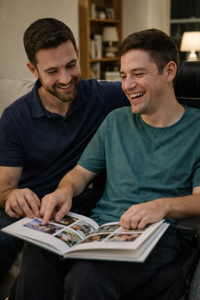 A support worker and a participant with a disability sitting together on a couch, looking at a photo album and smiling.