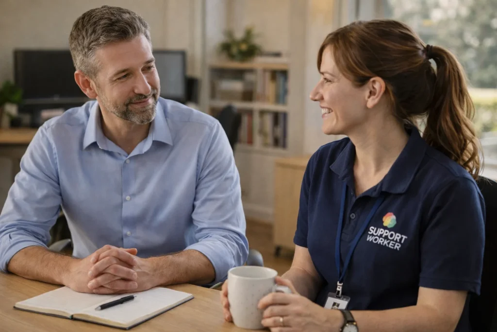  A supervisor sitting with a support worker in an office, having a supportive conversation with a notepad on the table.