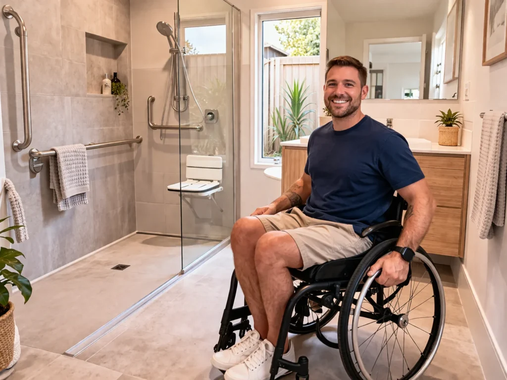 Man in wheelchair in modern Australian bathroom with roll-in shower and grab rails smiling confidently