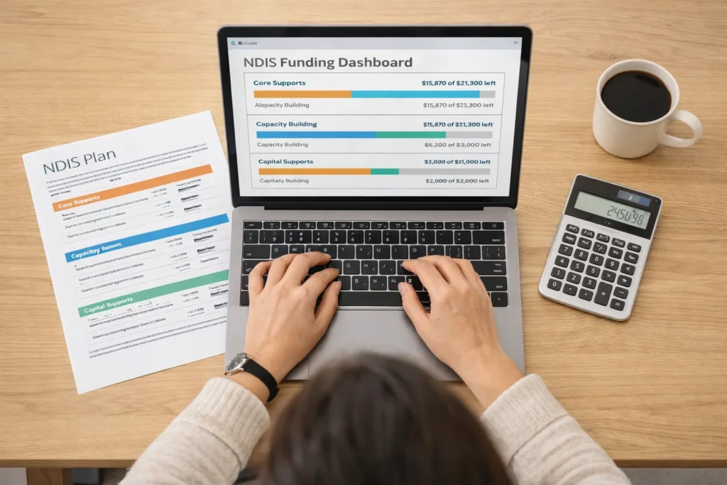 Laptop showing NDIS funding dashboard with printed plan and calculator on desk