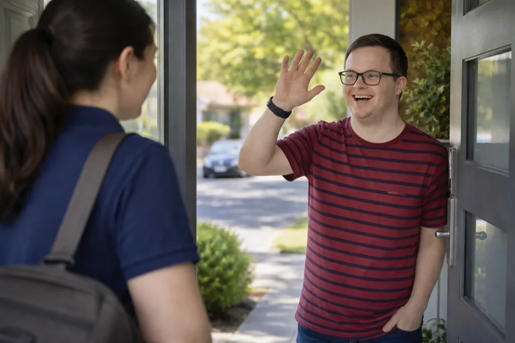 Confident young man with disability waving goodbye to support worker outside home in Australian suburb