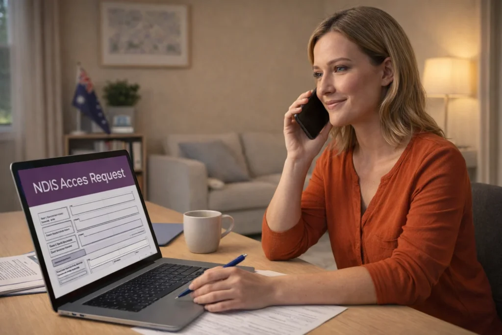 a young Australian woman sitting at a desk, talking on the phone, filling out an NDIS Access Request form on her laptop