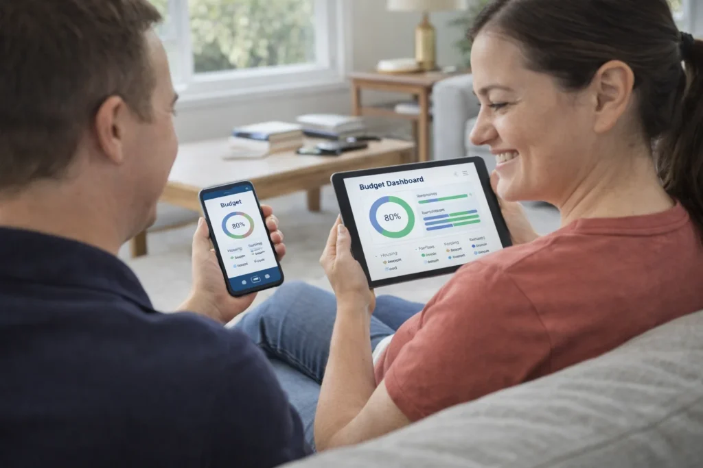 A person holding a smartphone with the NDIS app open, another person beside them looking at a tablet with a budget report, both smiling]