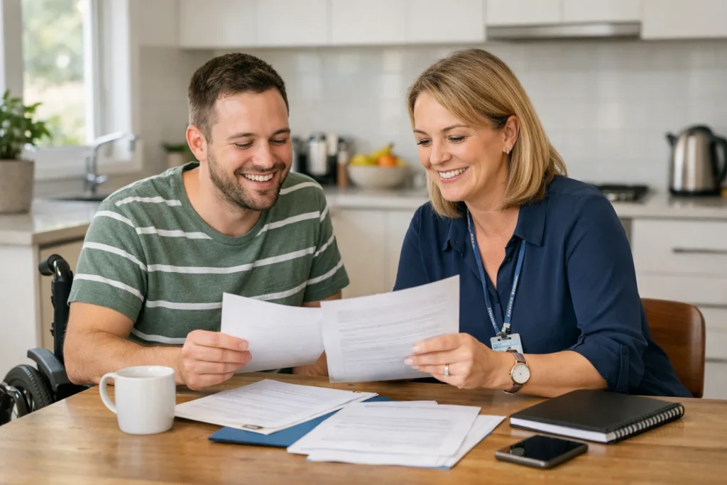 NDIS participant and support coordinator reviewing plan documents at kitchen table in Australia