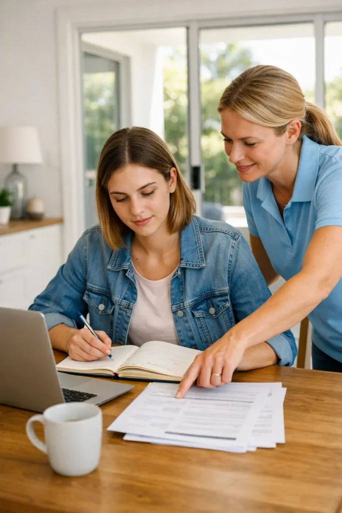 Woman preparing for NDIS plan review with support worker at home in Australia