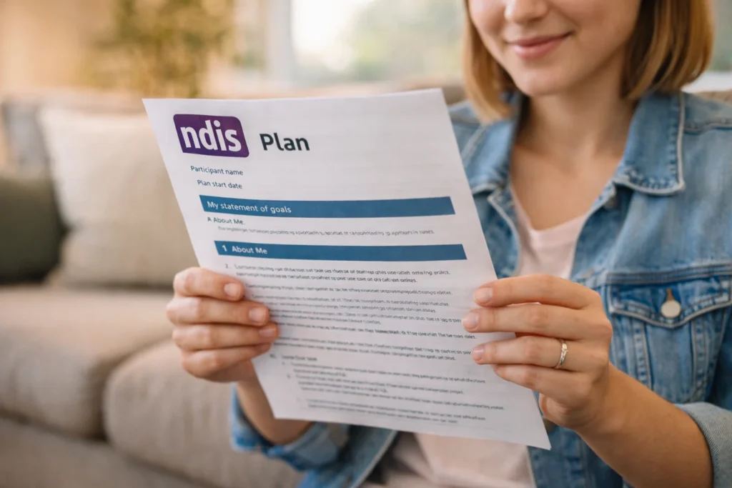 Person holding new NDIS plan document with smile in Australian living room
