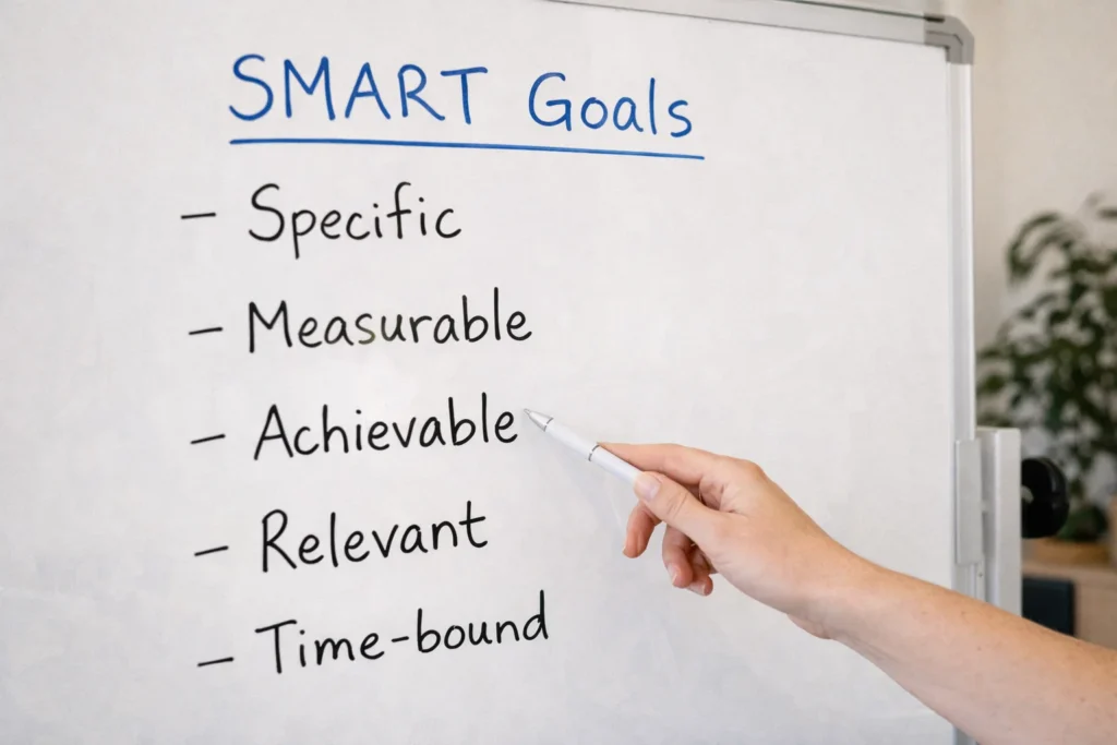 A simple flowchart or whiteboard showing the SMART acronym written with colourful markers. A disability participant is pointing at the letter ‘M’ for Measurable.