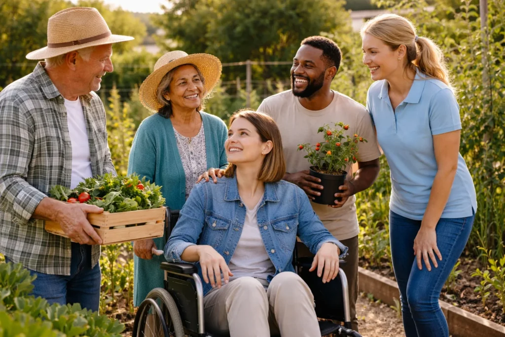 Diverse group including wheelchair user and support worker talking in Australian community garden