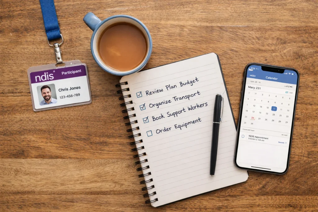 NDIS participant card, mobile phone calendar, notebook checklist, and tea on wooden tabletop view