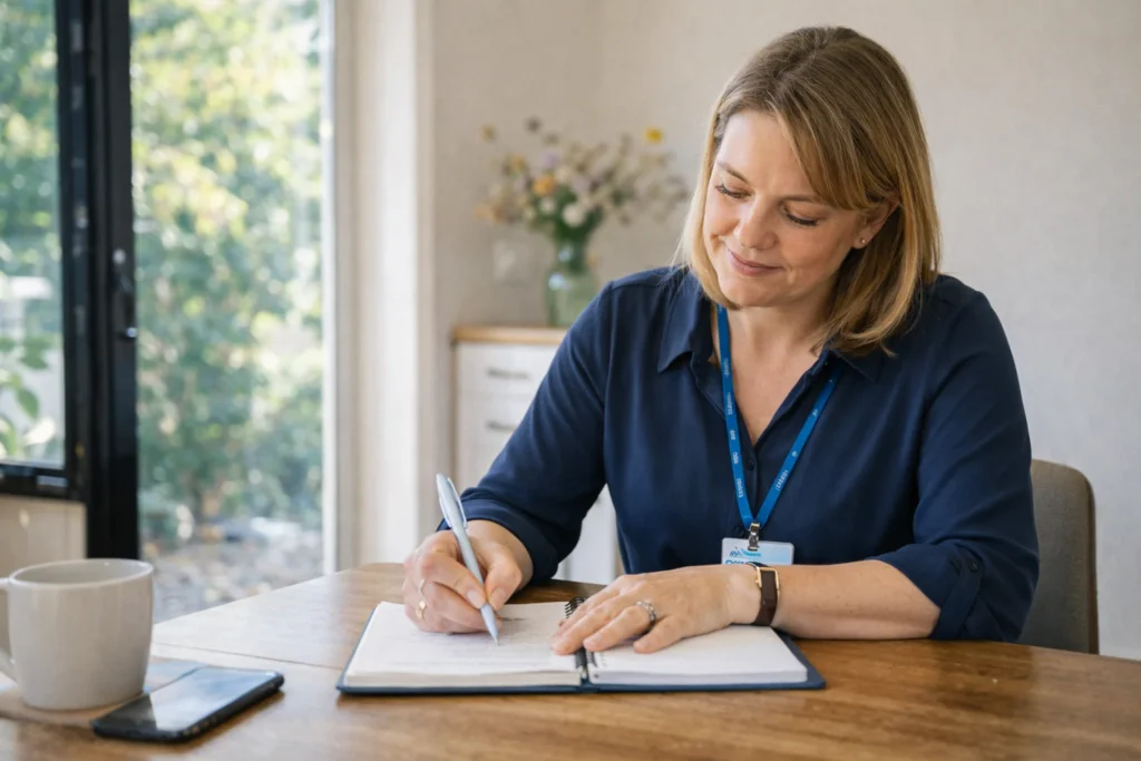 A person sitting at a wooden dining table, holding a pen over a blank notebook. A cup of tea is next to them. They look thoughtful but calm.