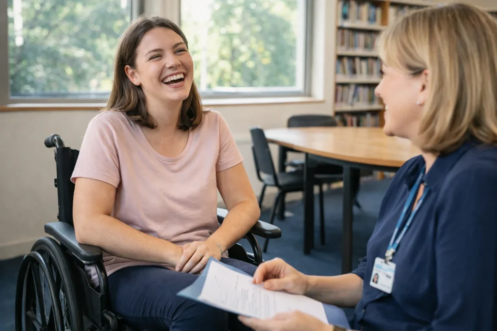 Young Australian woman with disability laughing with support coordinator in a public library with sunlight