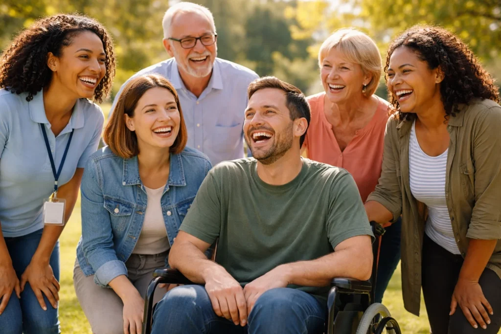 Diverse group of people enjoying time together in Australian park, showing community inclusion