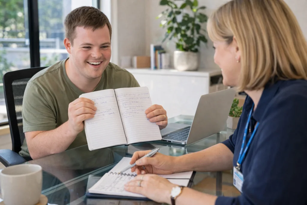 Two people sitting across from each other at a table in an accessible office. One is a participant with a notepad; the other is a friendly NDIS planner with a laptop