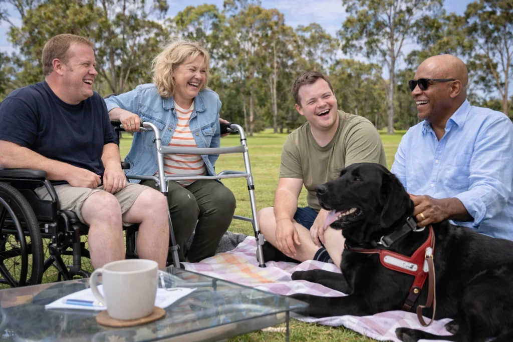 A wide shot of a diverse group of people with various disabilities laughing together in a sunny Australian park. One person is using a walker. Everyone looks happy and connected.]